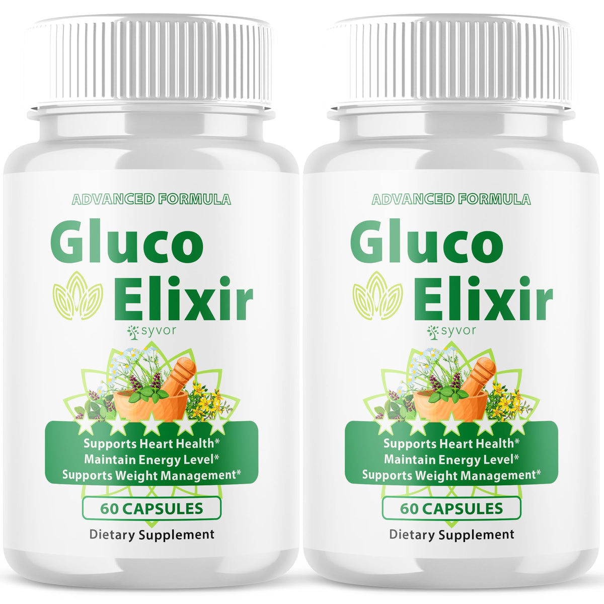 Syvor Gluco Elixir bottle front view highlights all-natural formula for daily wellness