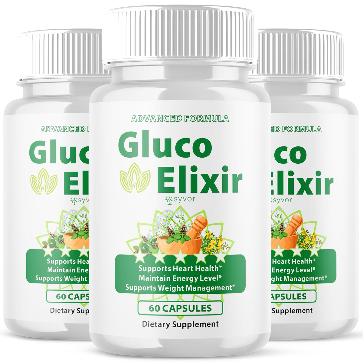 Syvor Gluco Elixir bottle front view with capsules for daily wellness support.