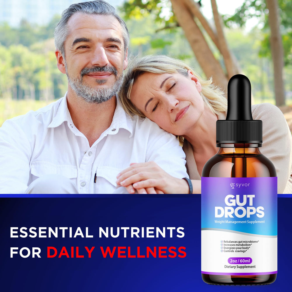 Syvor Gut Drops label close-up highlighting natural ingredients for daily wellness.