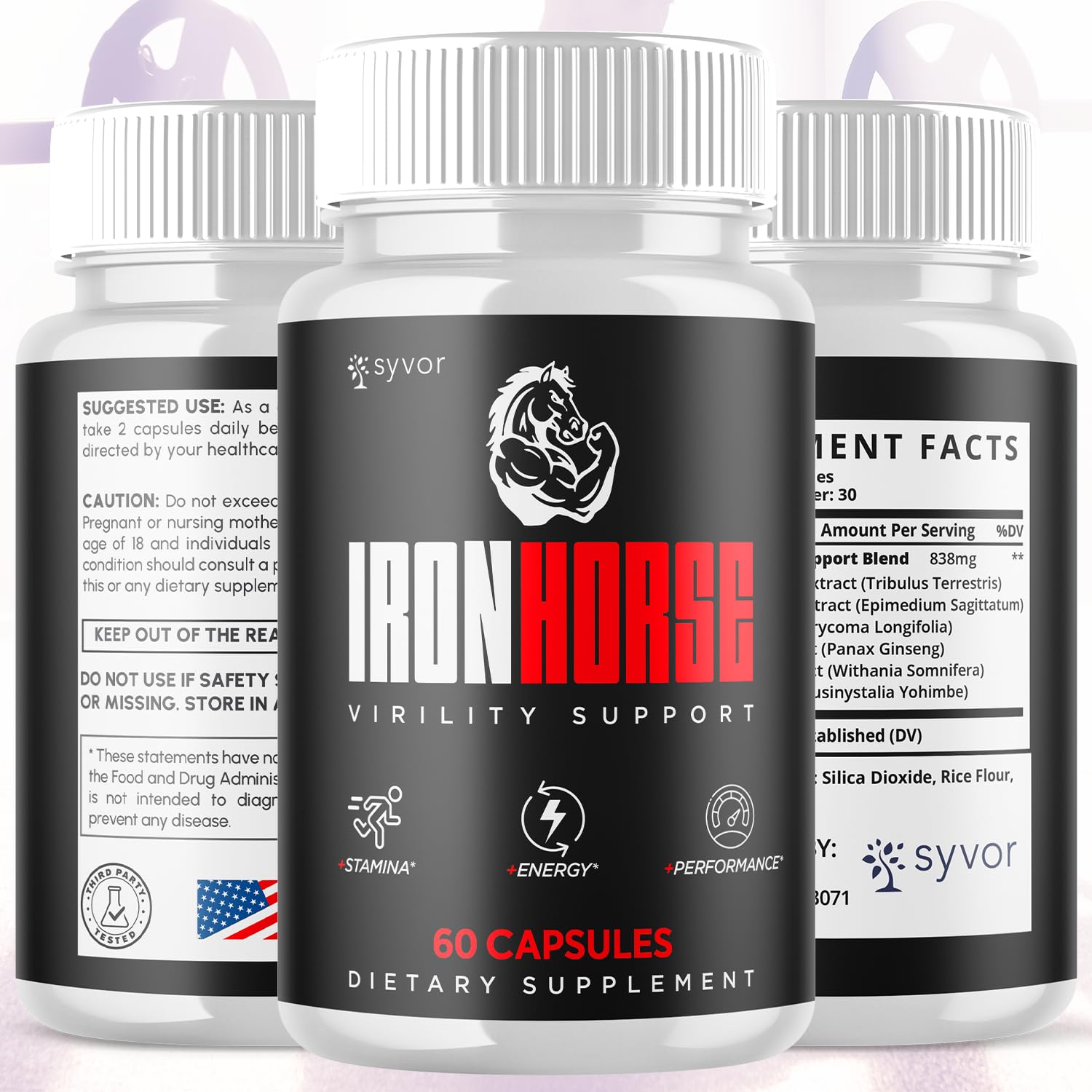 Syvor Iron Horse pills front label, natural ingredients communicated