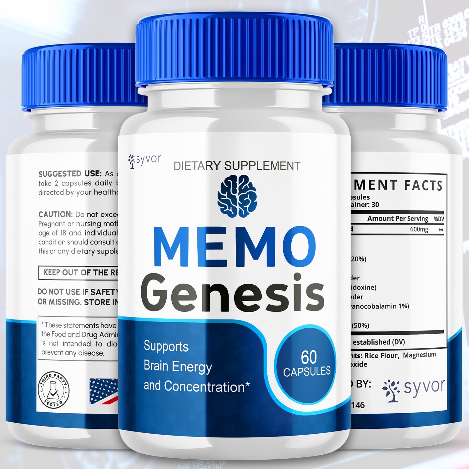 Syvor MemoGenesis capsules close-up highlighting natural ingredients for brain wellness.