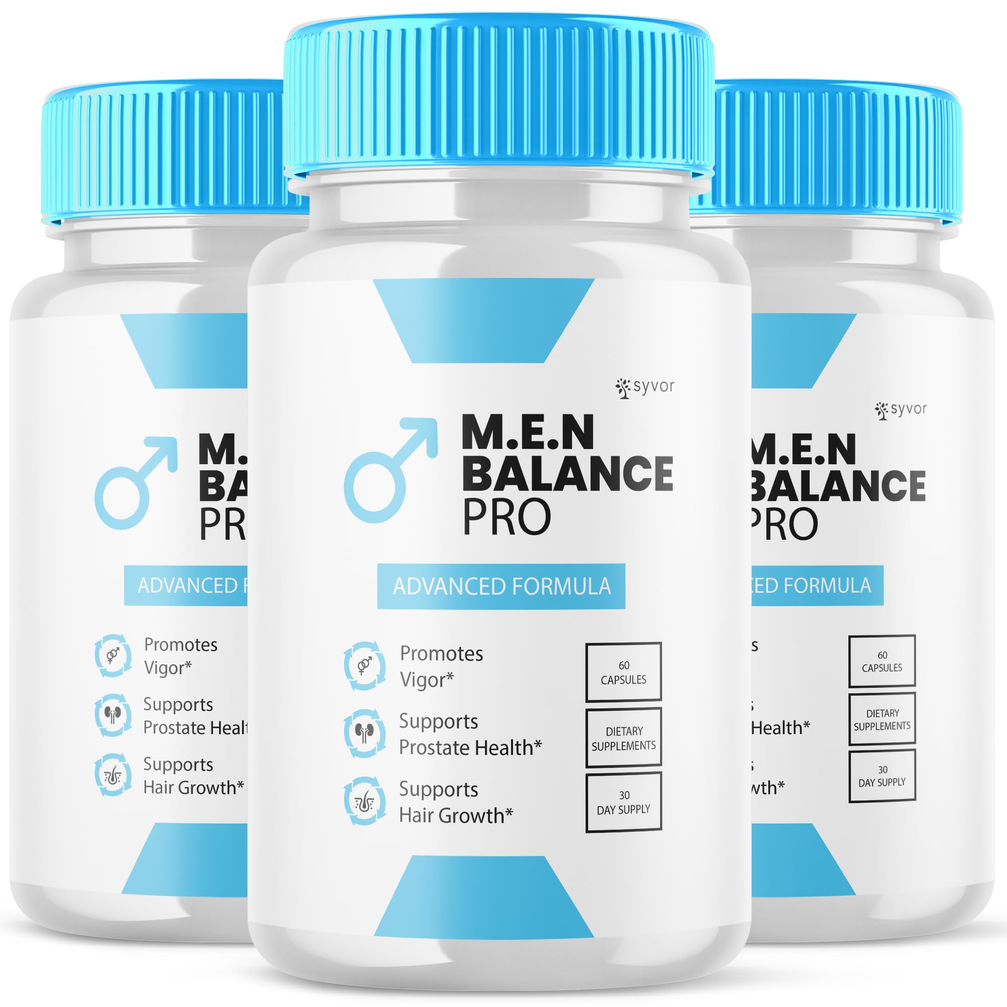 Syvor M.E.N Balance Pro capsules bottle shows daily wellness support.