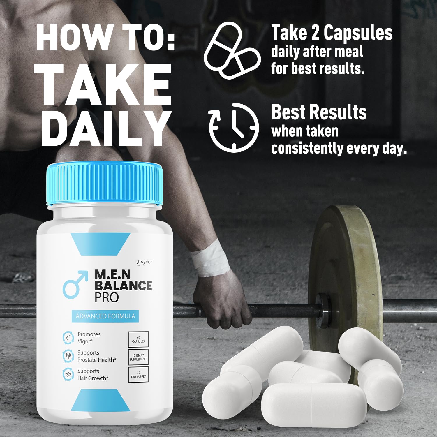 Capsules dispensed, ready for convenient daily nutrition from Syvor M.E.N. Balance Pro.