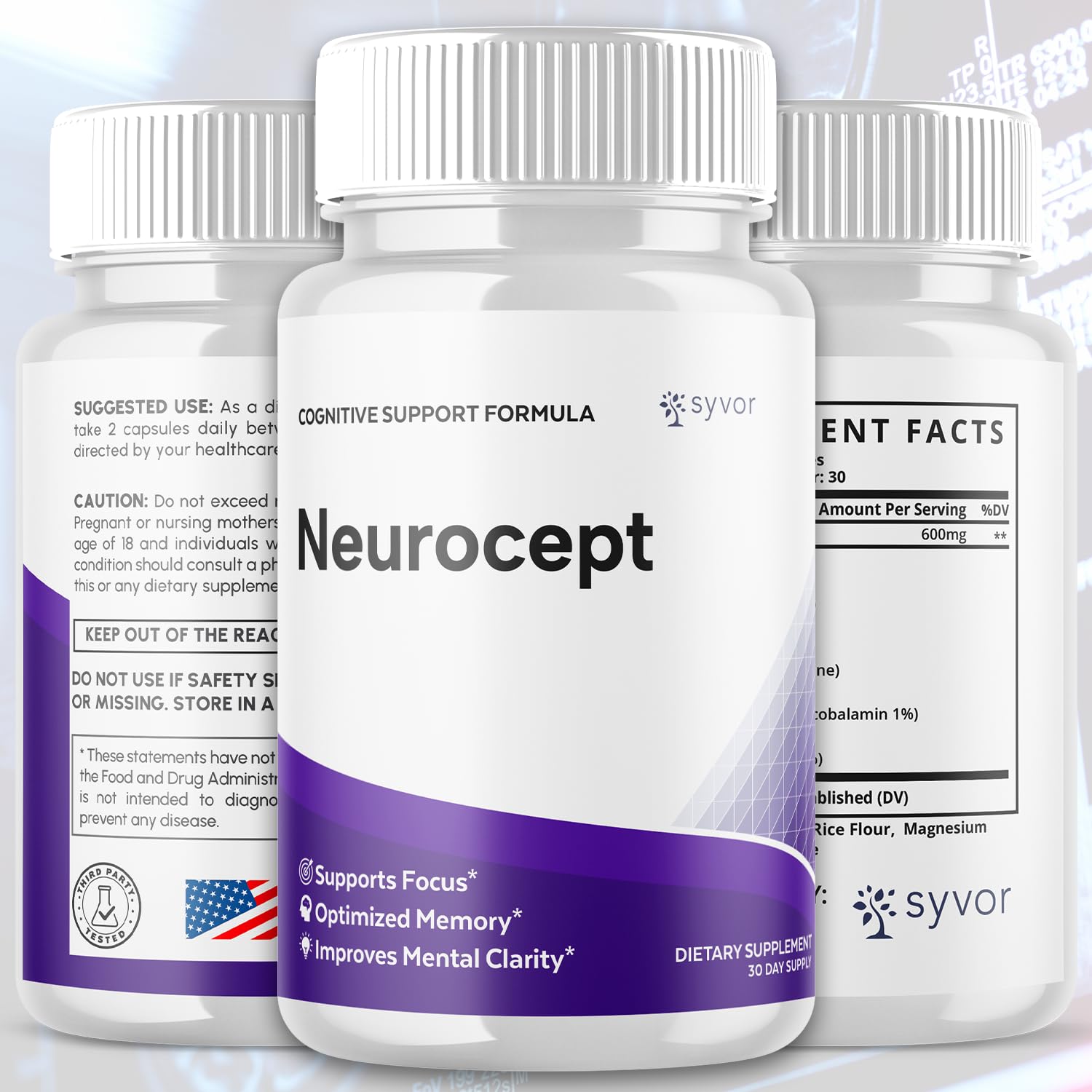 Syvor Neurocept capsules bottle back shows ingredients and usage details.
