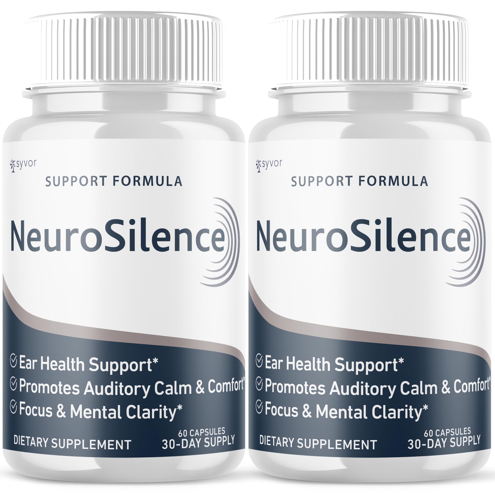 Syvor Neurosilence bottle front shows two-pack packaging for ear health support.