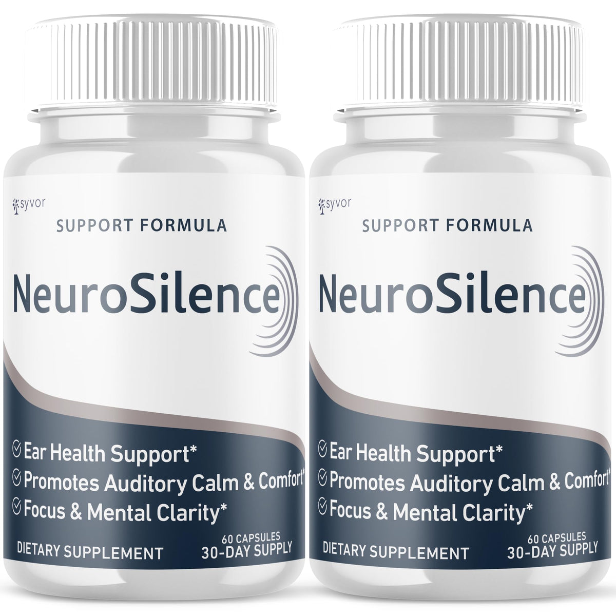 Syvor Neurosilence bottle front shows two-pack packaging for ear health support.