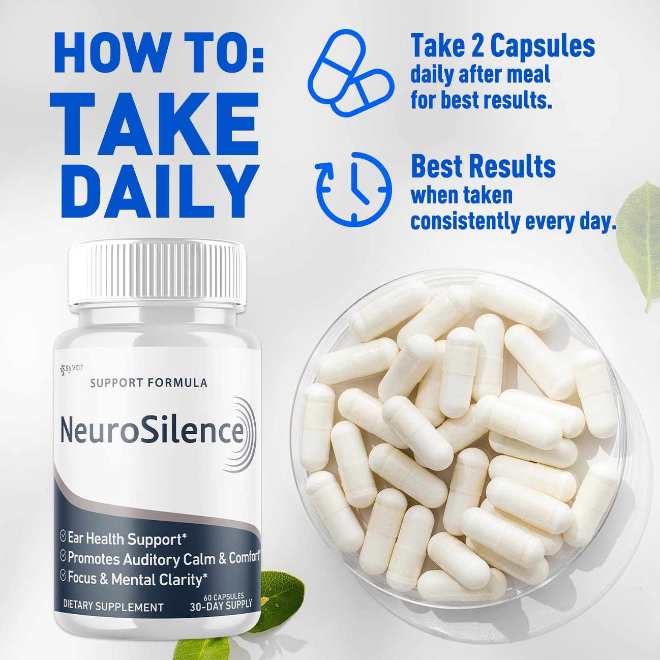 Syvor Neurosilence capsules close-up with visible capsule texture for daily use.