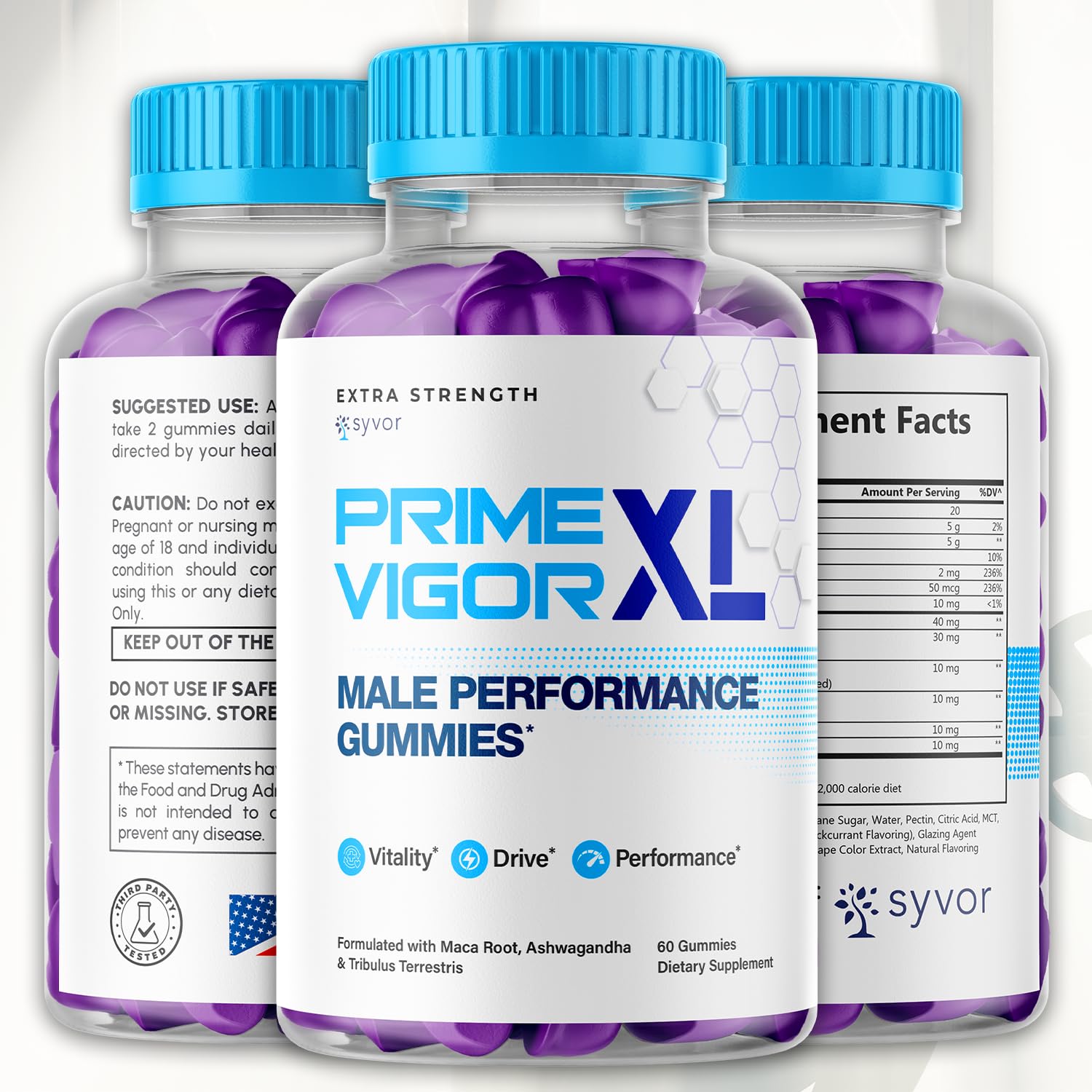 Syvor Prime Vigor XL bottle back with dosage details for daily use.