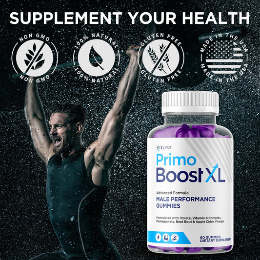Syvor Primo Boost XL Gummies bottle back with ingredient highlights and serving info.