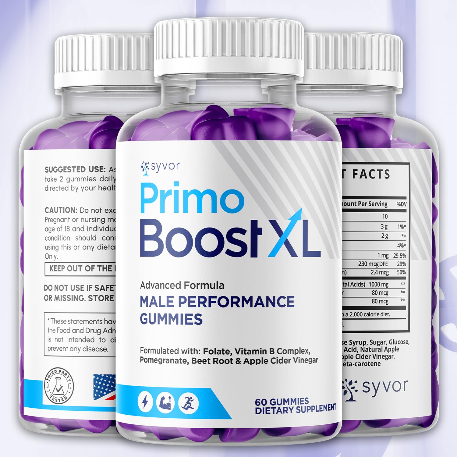 Syvor Primo Boost XL Gummies 2-pack display for an active lifestyle.