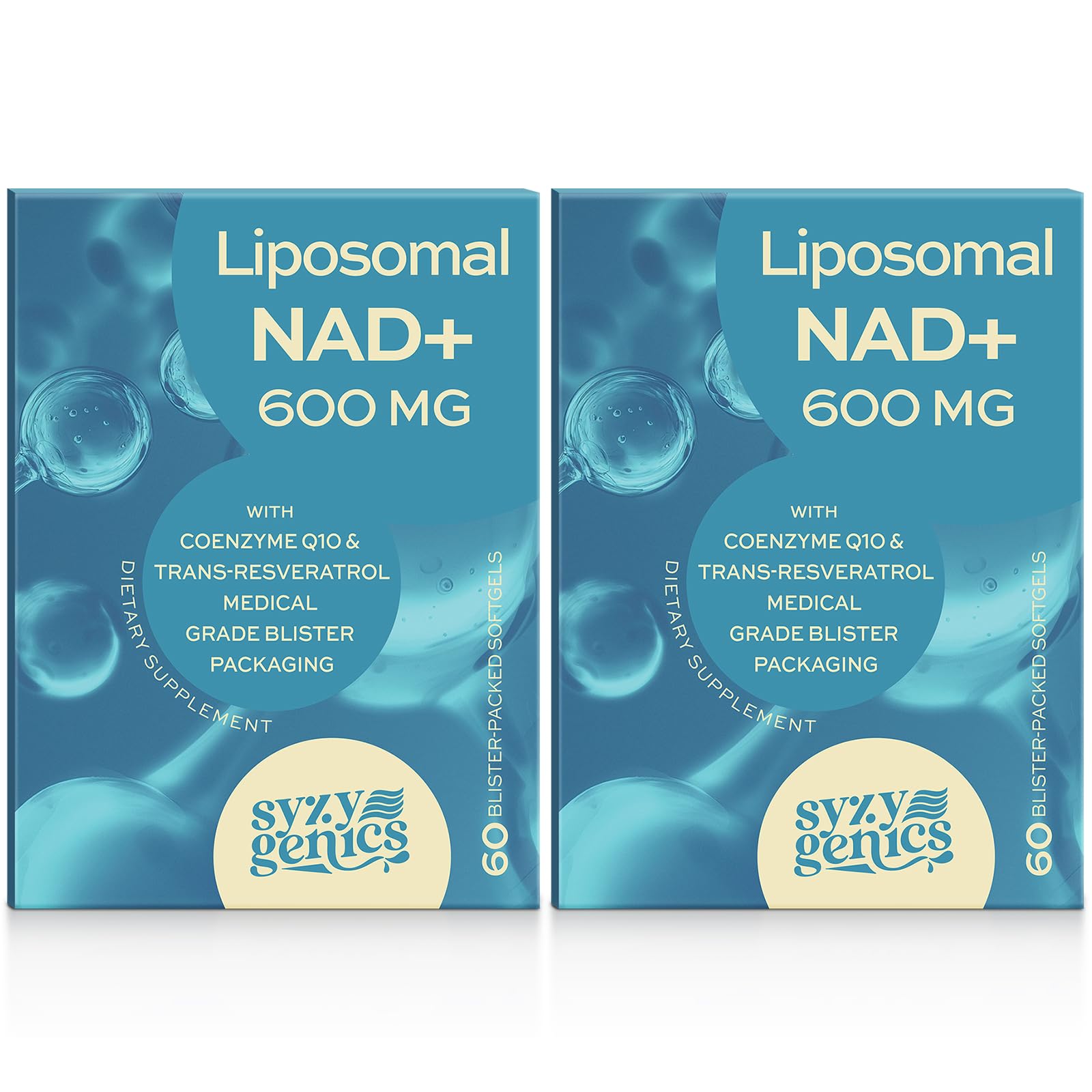 SYZY GENICS NAD+ bottle label showing 600 mg liposomal energy support.