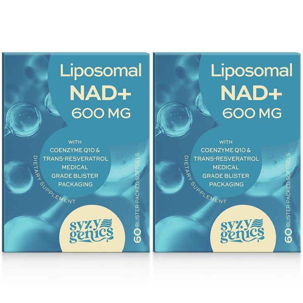 SYZY GENICS NAD+ bottle label showing 600 mg liposomal energy support.