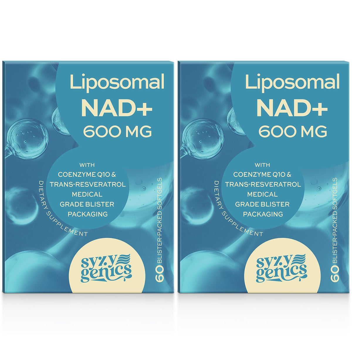 SYZY GENICS NAD+ bottle label showing 600 mg liposomal energy support.