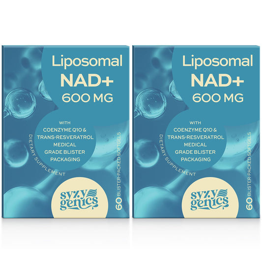 SYZY GENICS NAD+ bottle label showing 600 mg liposomal energy support.