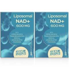 SYZY GENICS NAD+ bottle label showing 600 mg liposomal energy support.