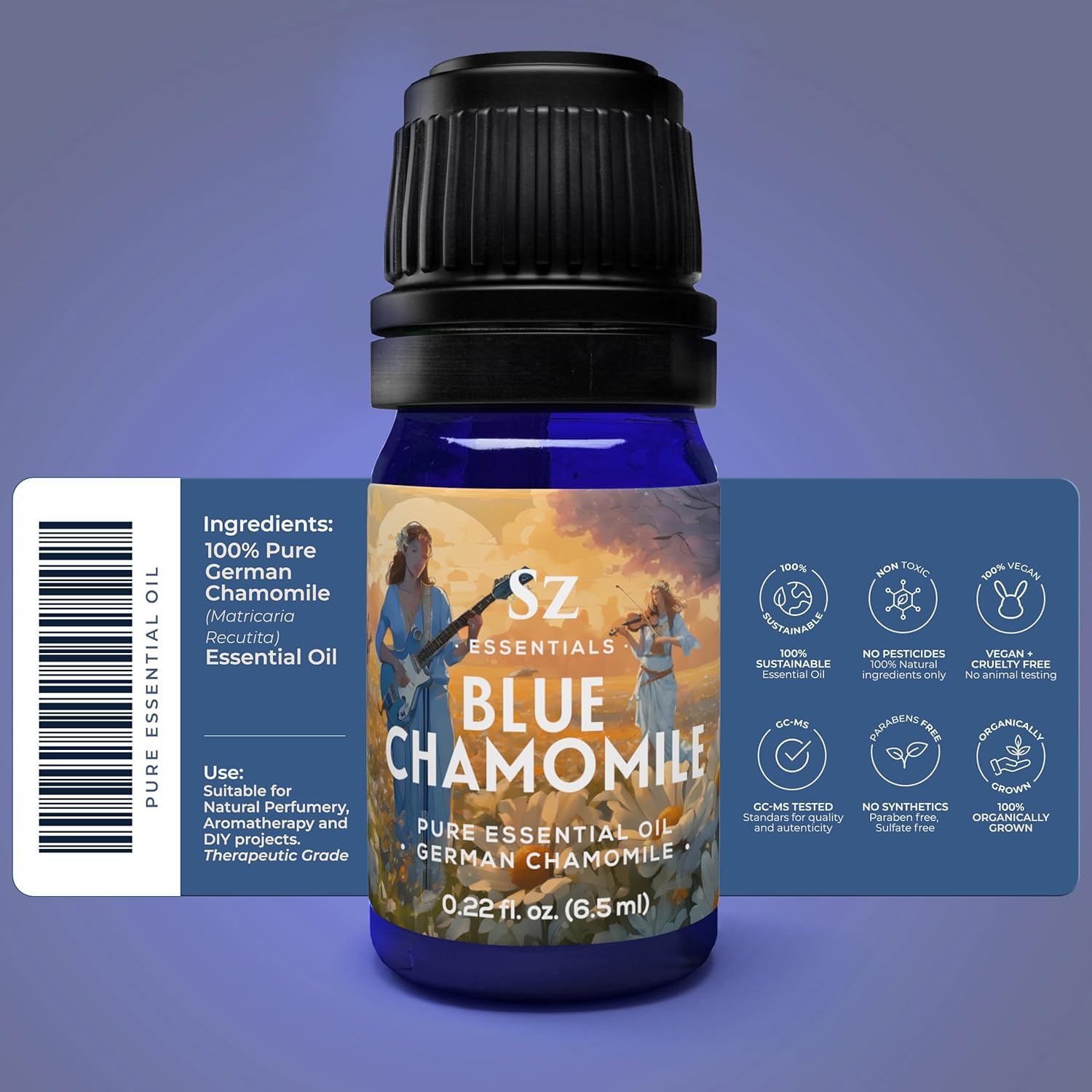 Sz Essentials Blue Chamomile oil color signals chamazulene richness for soothing rituals