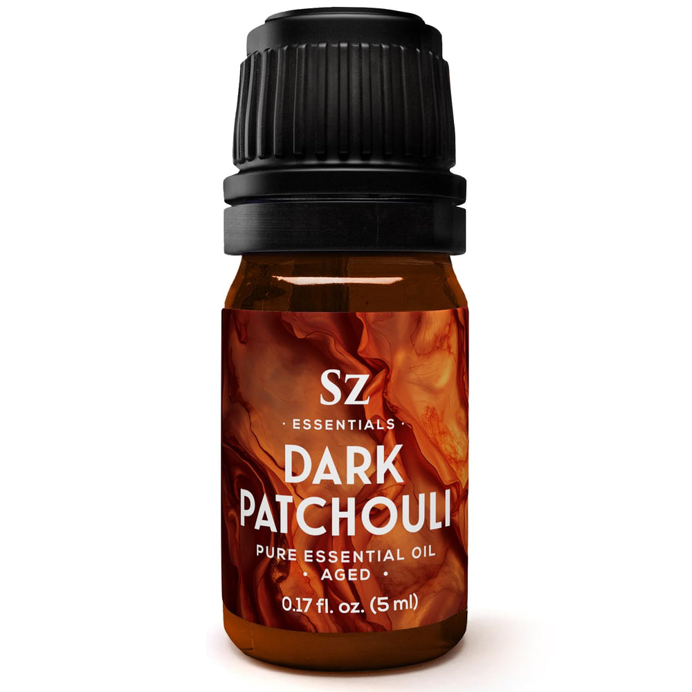 Sz Essentials Dark Patchouli bottle shows five-year aged amber oil ideal for perfumery.