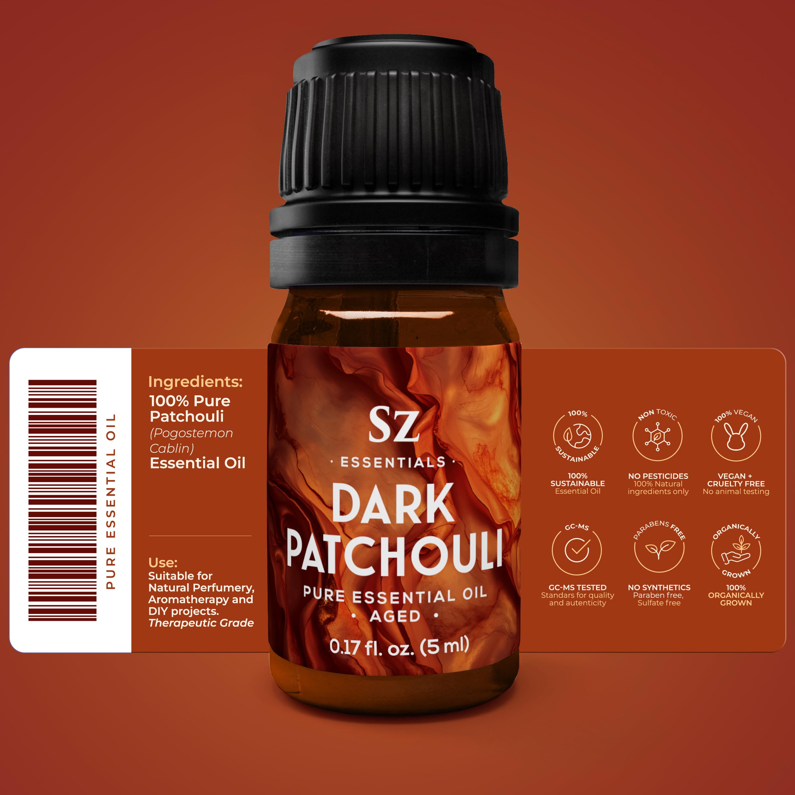 Sz Essentials Dark Patchouli oil with rich depth and amber hue for base notes.