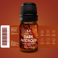 Sz Essentials Dark Patchouli oil with rich depth and amber hue for base notes.