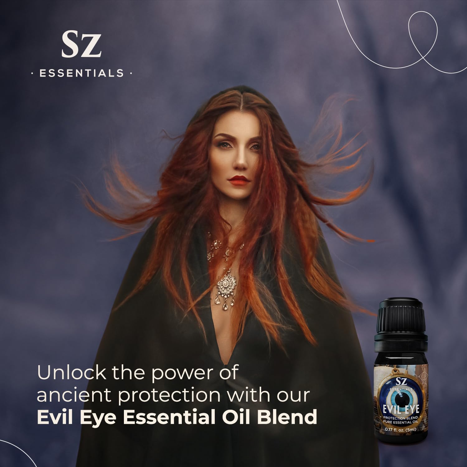 Sz Essentials Evil Eye bottle top view with surrounding botanicals