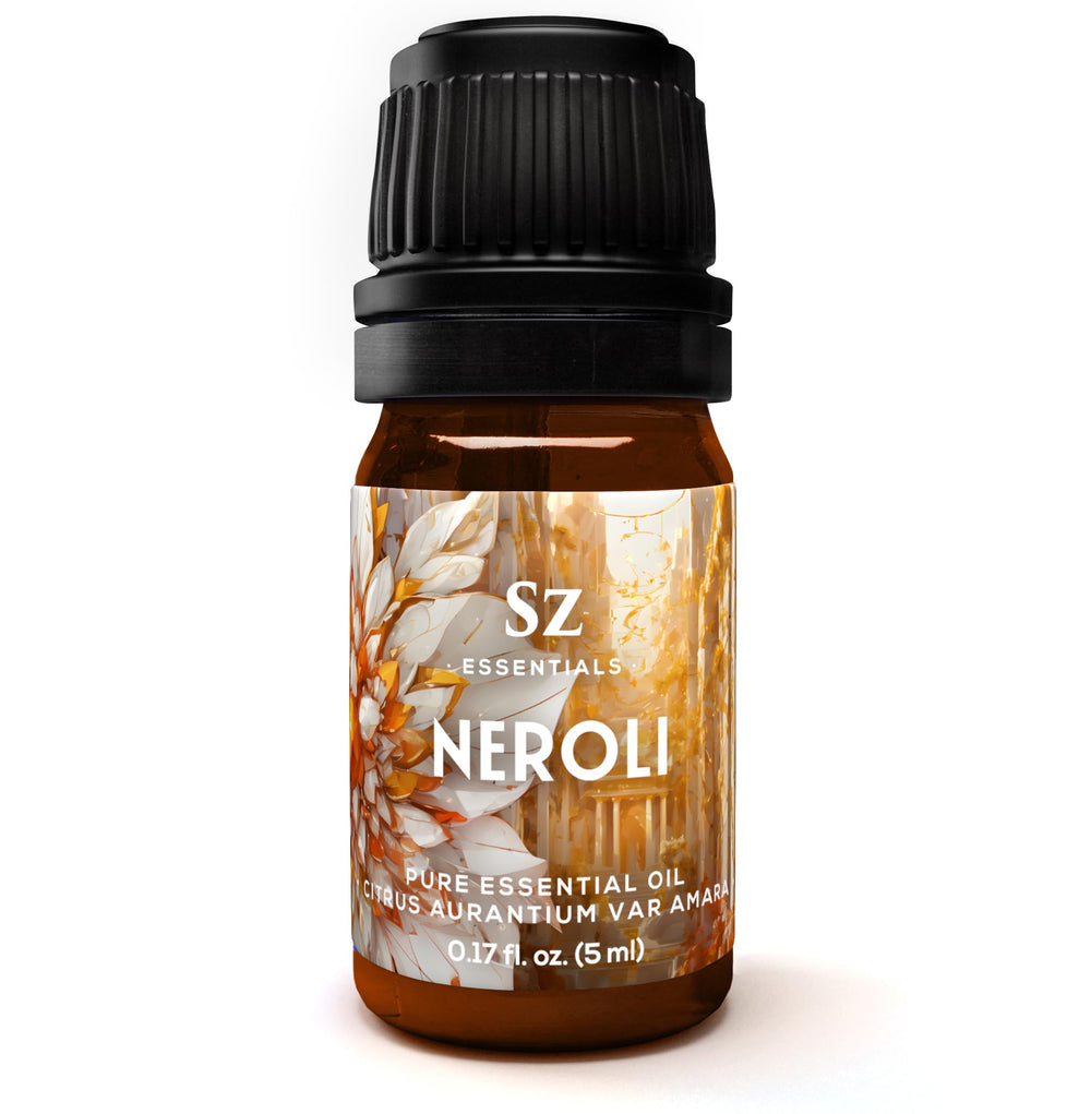 Sz Essentials Neroli oil bottle showcases pure aroma from Bitter Orange blossoms