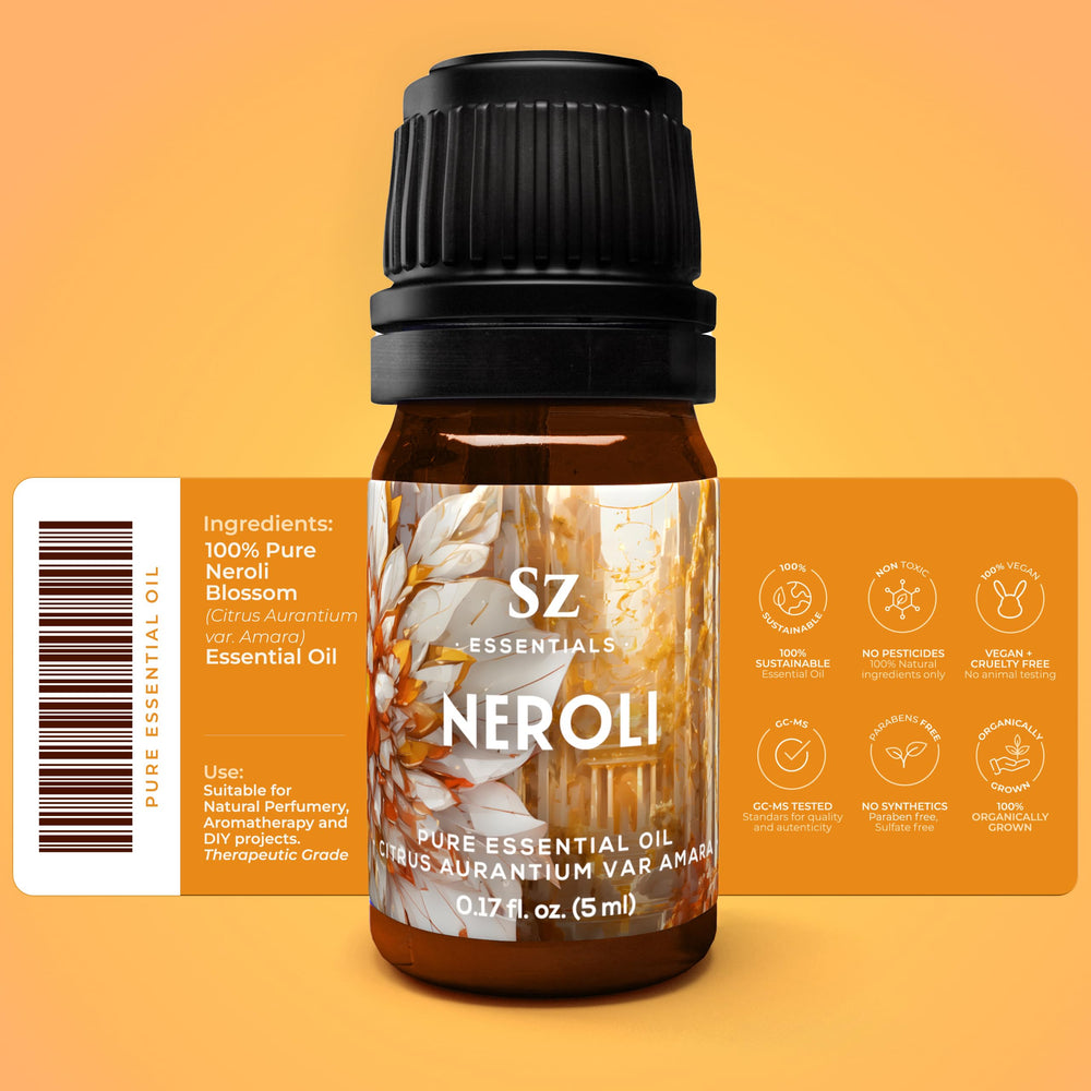 Sz Essentials Neroli oil closeup captures delicate blossoms and vibrant fragrance
