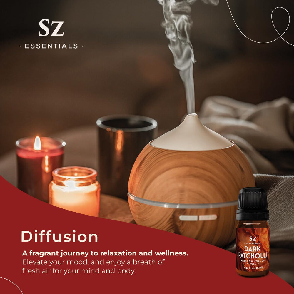 Blend Sz Essentials Patchouli with Frankincense, Jasmine, Rose for balanced scents.