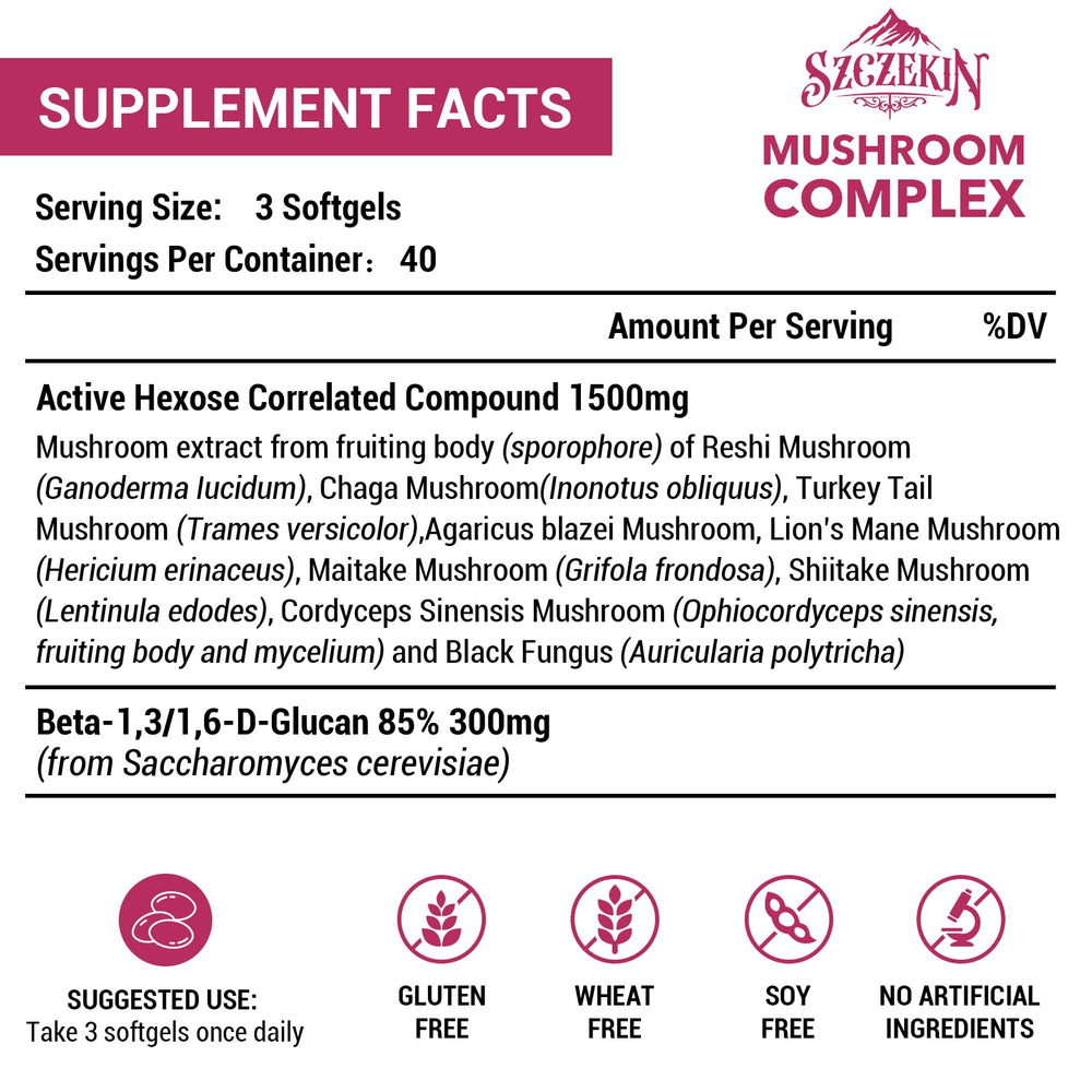 Close-up of SZCZEKIN 8 mushroom blend soft gels for natural wellness.