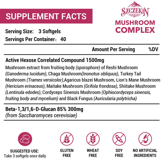 Close-up of SZCZEKIN 8 mushroom blend soft gels for natural wellness.