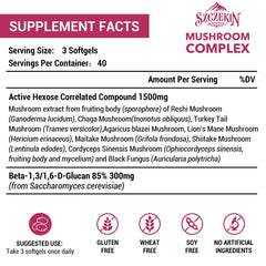 Close-up of SZCZEKIN 8 mushroom blend soft gels for natural wellness.