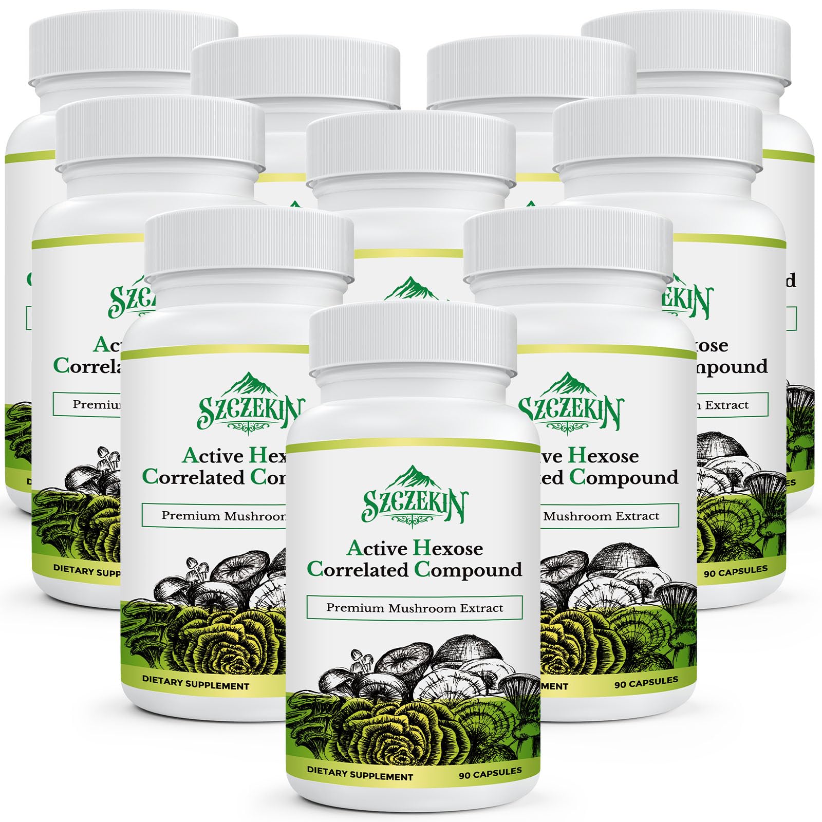 Szczekin AHCC 1500 bottle pour shows a high-potency mushroom blend for daily immune support.