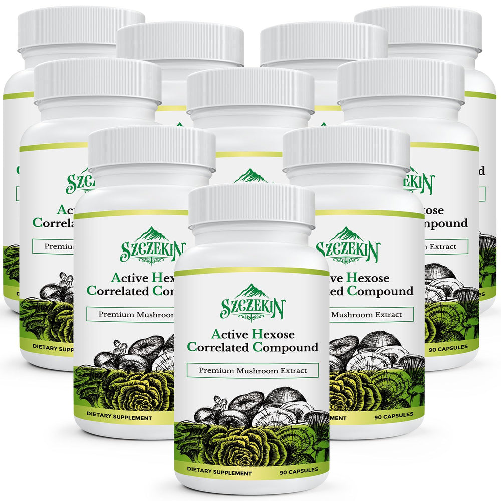 Szczekin AHCC 1500 bottle pour shows a high-potency mushroom blend for daily immune support.