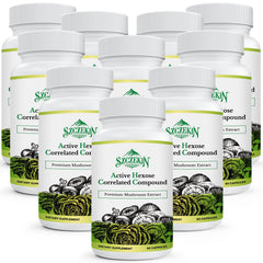 Szczekin AHCC 1500 bottle pour shows a high-potency mushroom blend for daily immune support.