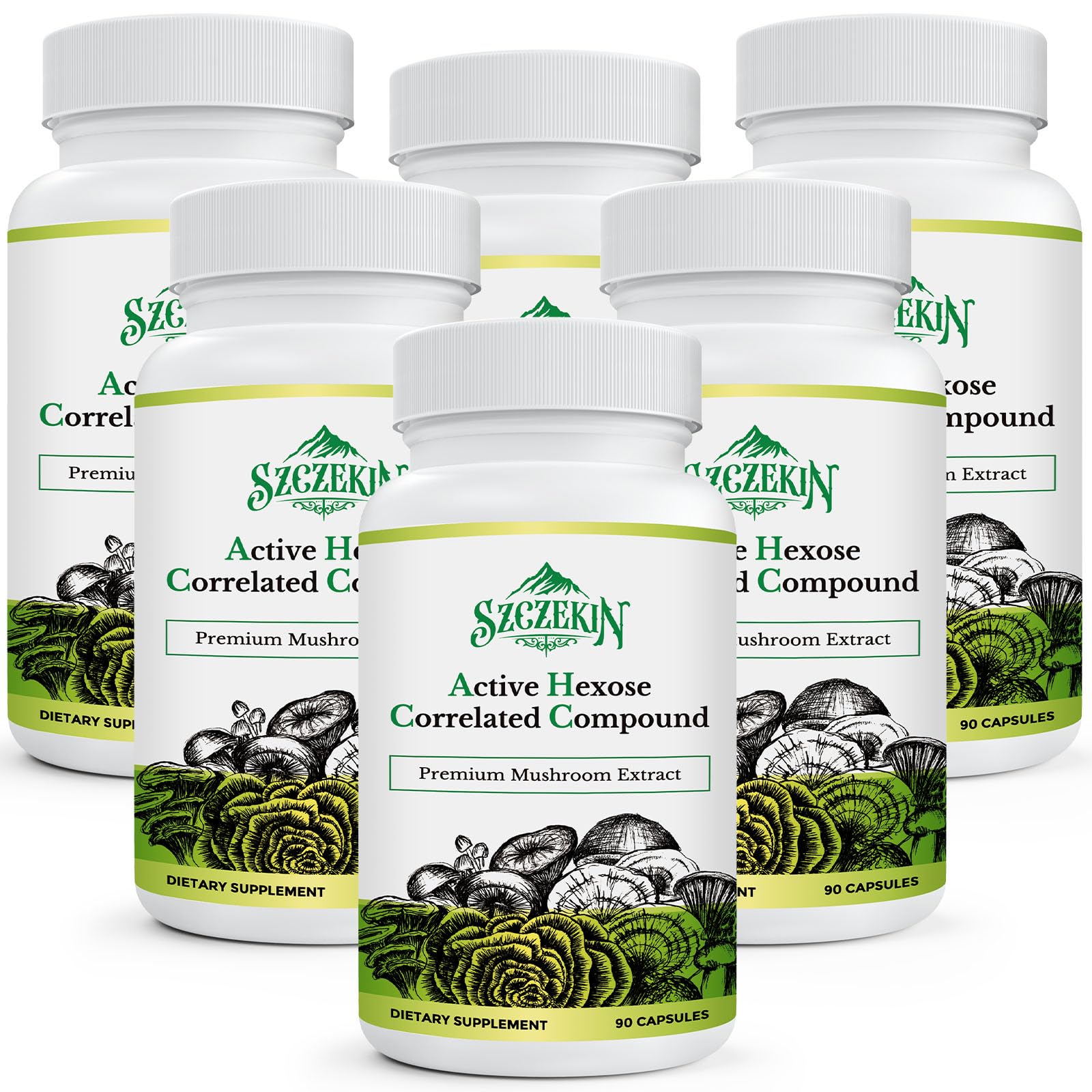SZCZEKIN AHCC 1500 mg bottle highlighting eight-mushroom blend for immune support.