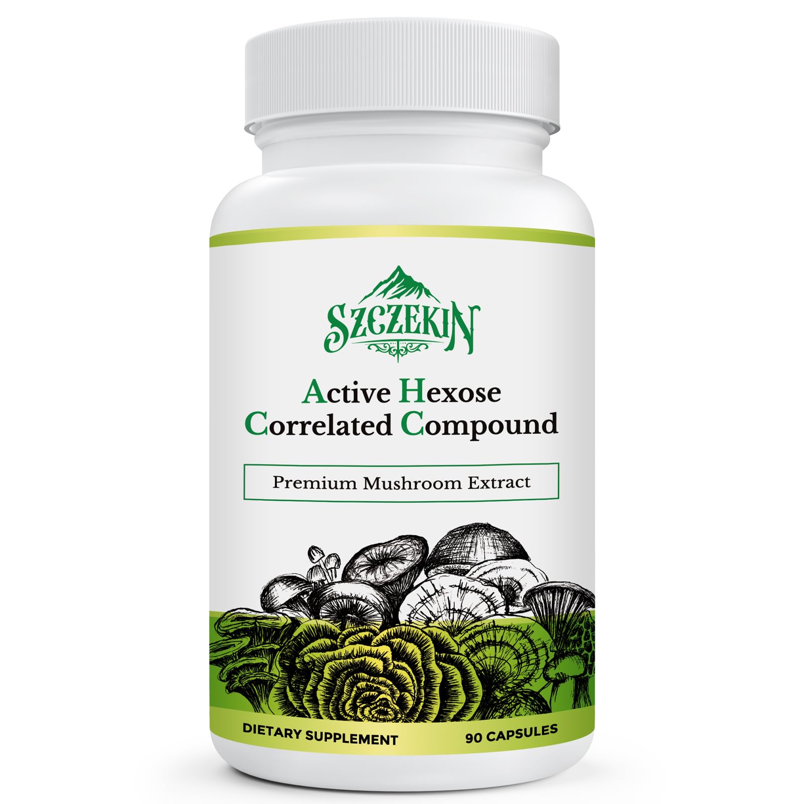 SZCZEKIN AHCC 1500mg bottle shows a potent mushroom blend for daily immune support.