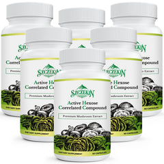 SZCZEKIN AHCC 1500 mg bottle highlighting eight-mushroom blend for immune support.