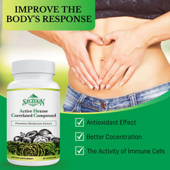 SZCZEKIN label close-up communicates dosage and ingredients of AHCC blend.