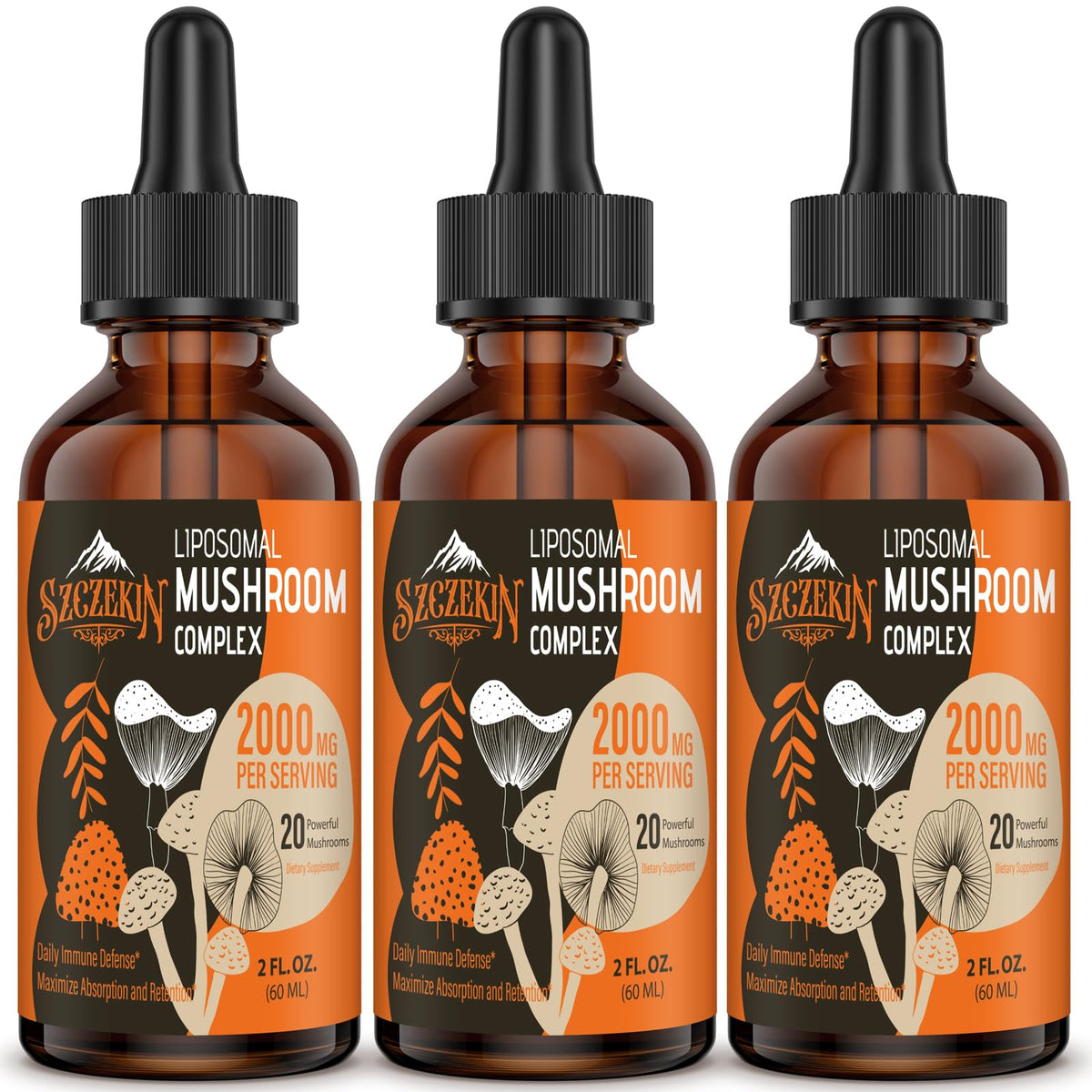 SZCZEKIN Liposomal Mushroom Drops bottle for daily immune support and mental focus.
