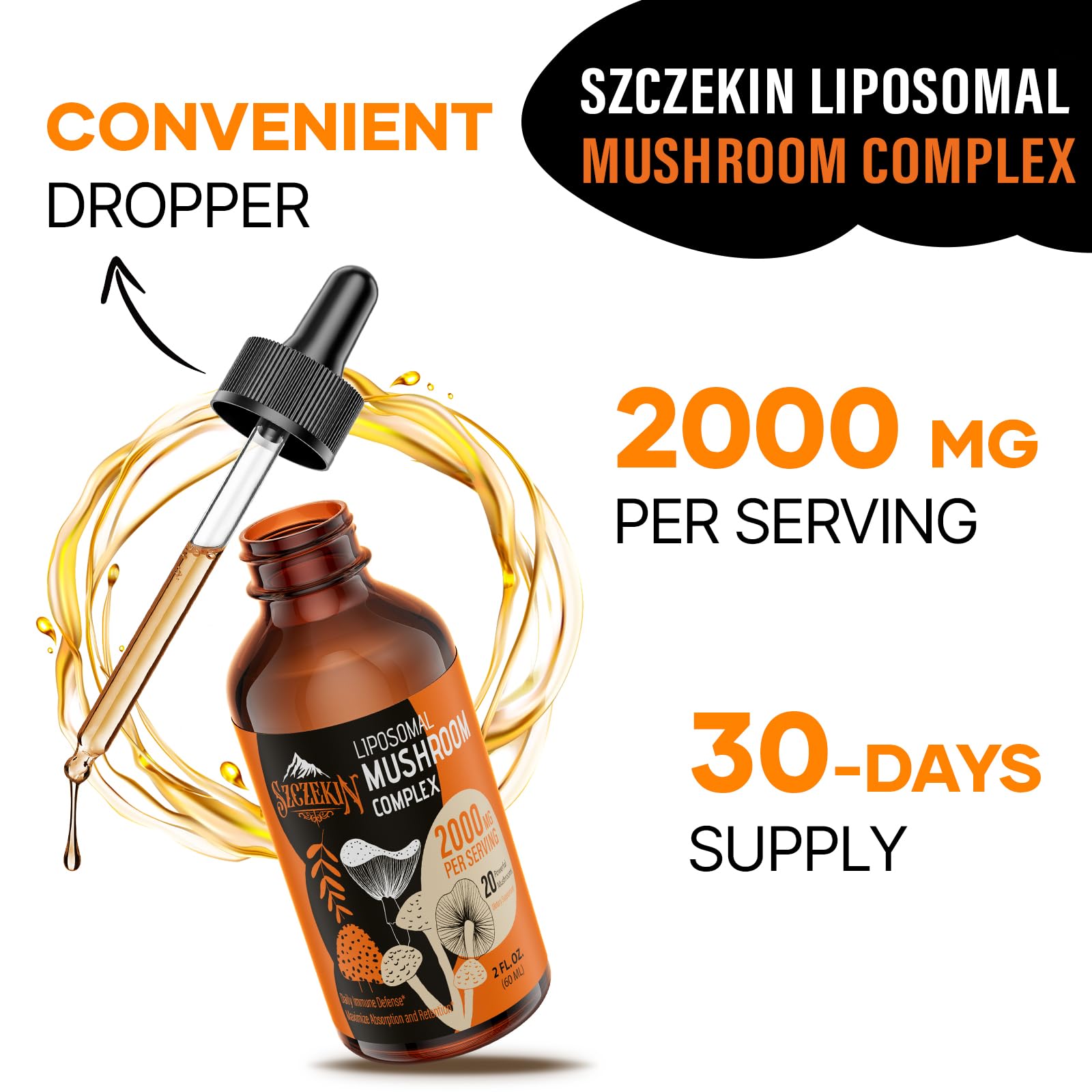 SZCZEKIN forest-sourced mushrooms hint at sustainable sourcing and high-quality ingredients.