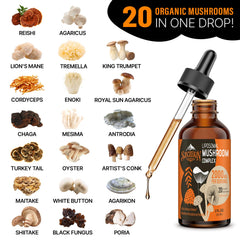 SZCZEKIN Liposomal Mushroom Drops ingredients panel noting 20 organic mushrooms.