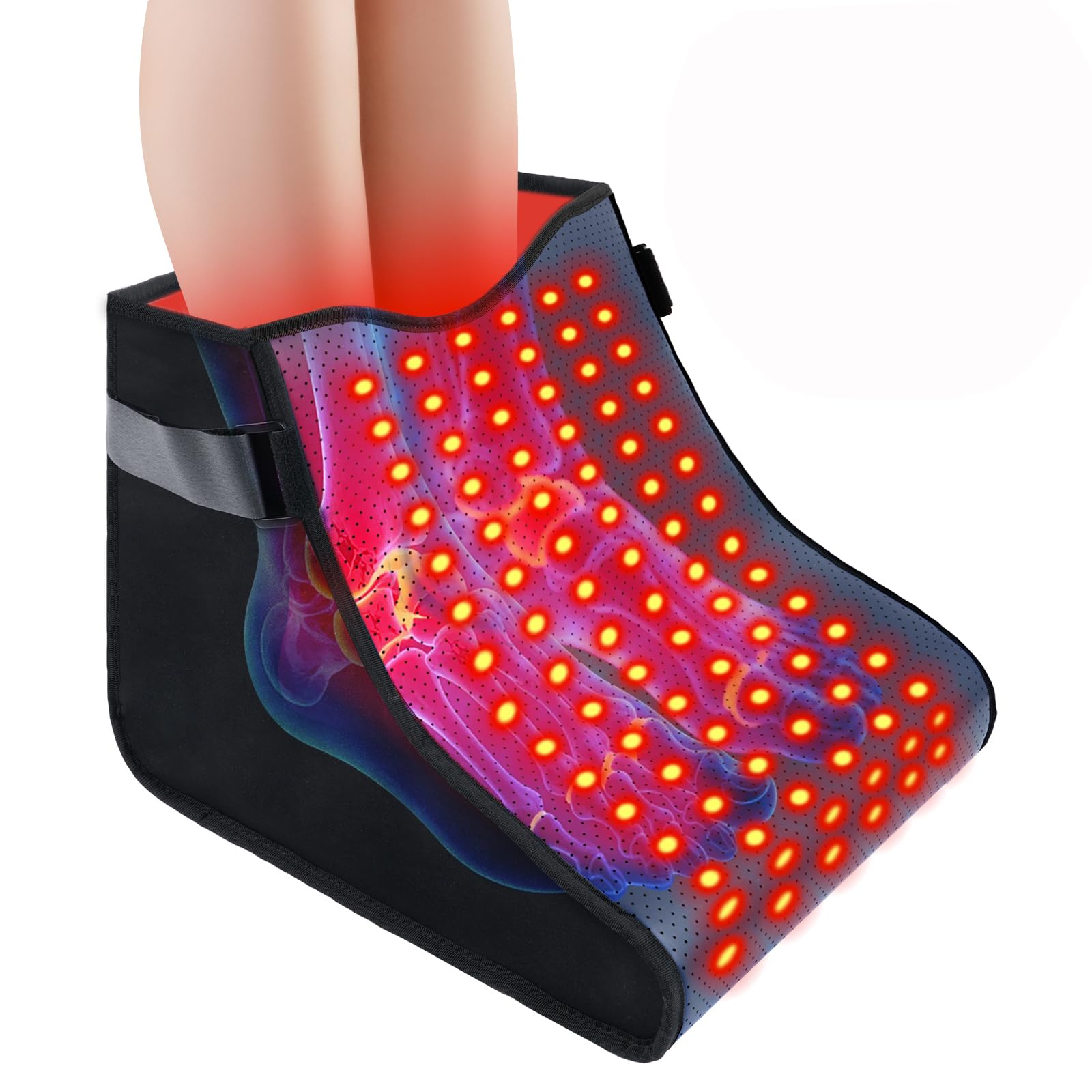 SZDGGZ upgraded red light therapy feet device on the foot with 660nm and 850nm LEDs.