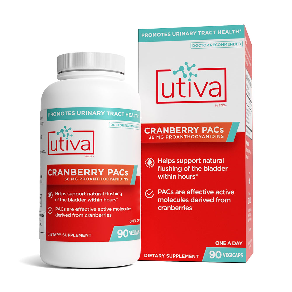 Szio+ Utiva Cranberry PACs bottle front shows daily urinary health support