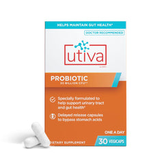 Szio+ Utiva probiotic bottle promotes gut balance with 12+ billion CFU per serving.