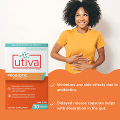 Szio+ Utiva probiotic daily-use bottle shows convenient one-a-day capsules.