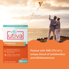 Szio+ Utiva probiotic packaging emphasizes vegan, gluten-free formula for daily wellness.