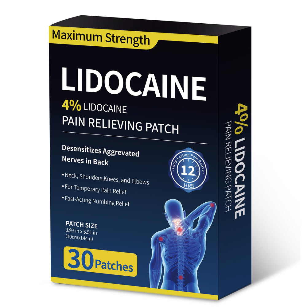 SZLGANG 4% lidocaine patches on the front view offering up to 12 hours of targeted relief.