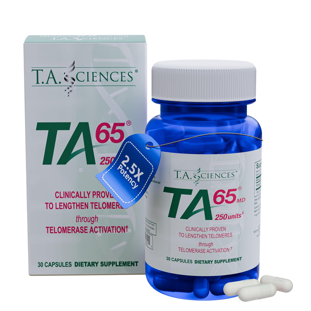 TA-65 bottle by T.A. Sciences showing professional telomere activation support