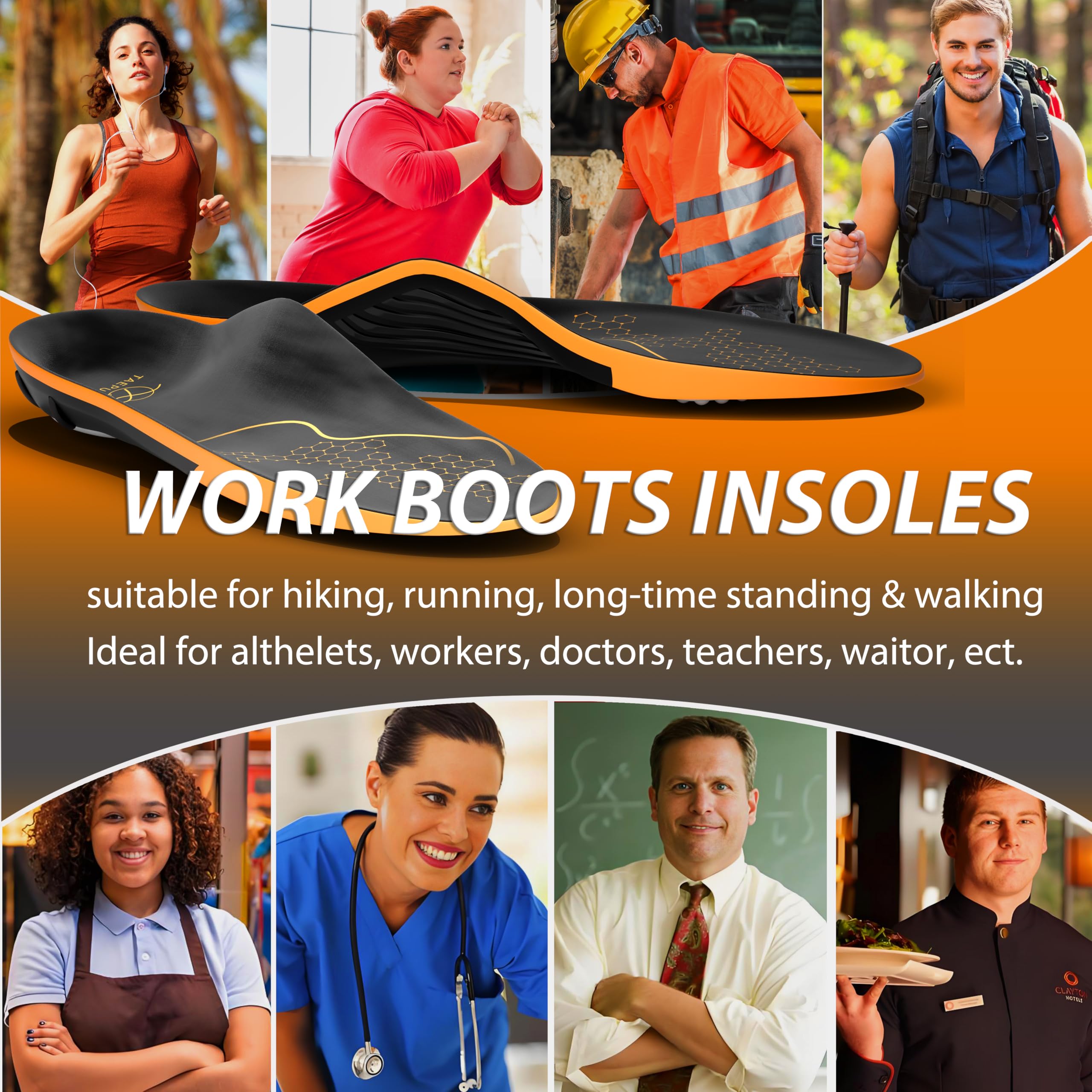 TAEPUSR orange cushioning insoles designed for high-impact activities and all-day comfort