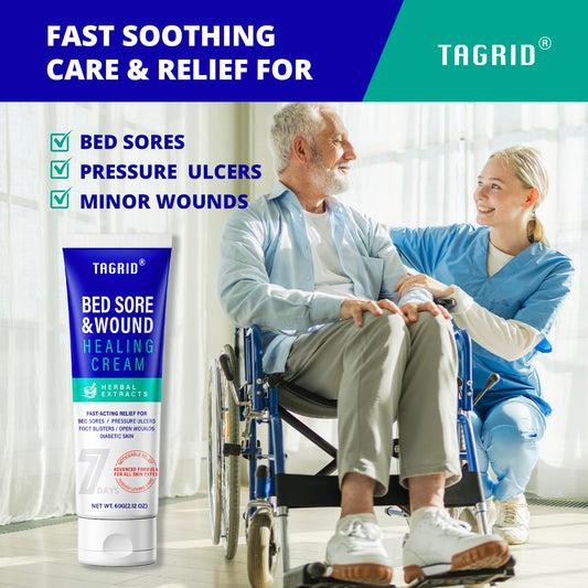 Tagrid bed sore cream application on fingers showing quick-absorb non-staining care