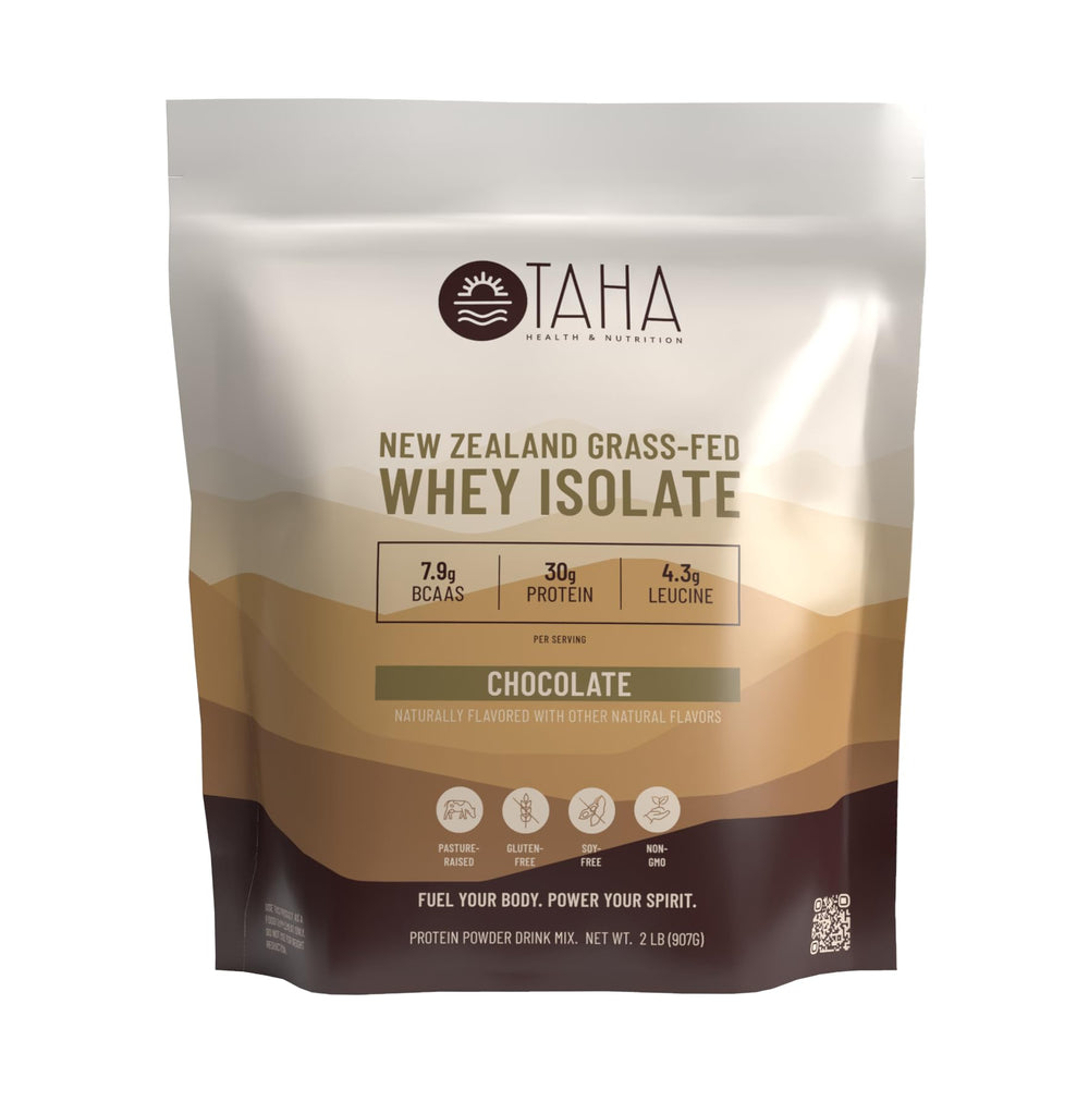 Taha Chocolate Whey Protein Isolate front packaging showing 30g protein per serving
